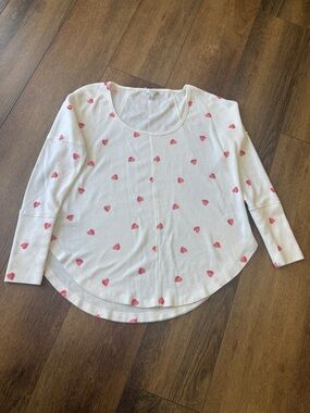 Lucky Brand Cream Thermal Top with Pink Heart Accents